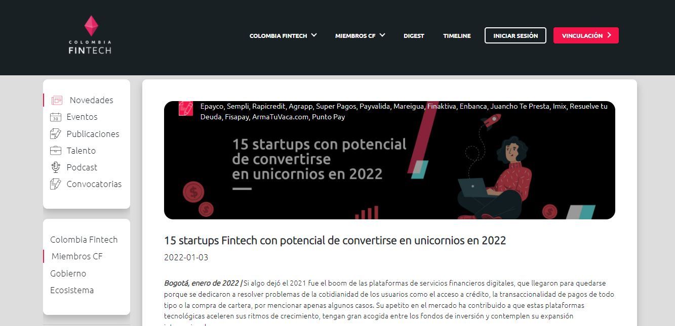 Colombia Fintech determino las 15 startups Fintech con potencial para el 2022