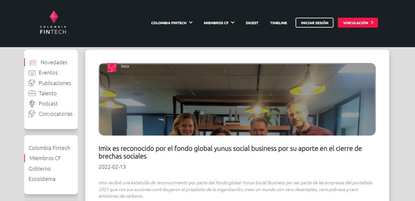 COLOMBIA FINTECH CUENTA COMO IMIX ES RECONOCIDO POR EL FONDO GLOBAL YUNUS SOCIAL BUSINESS